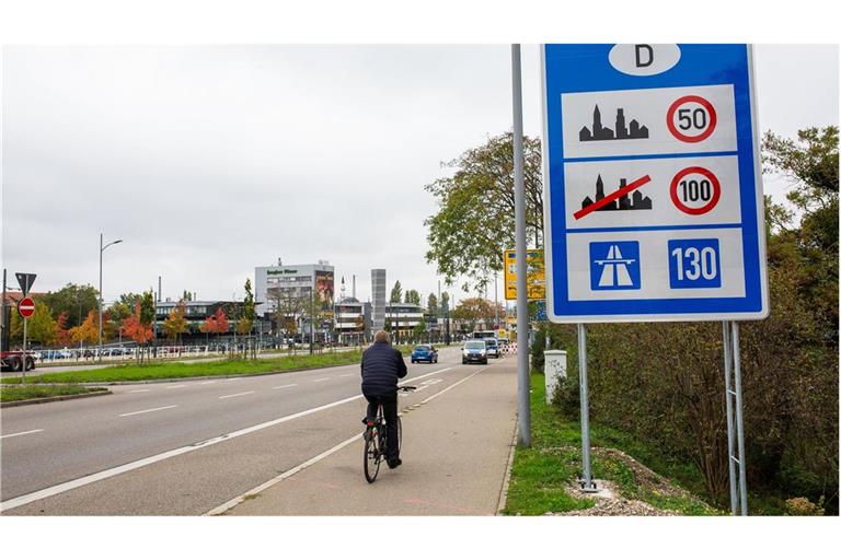 Ein aus Frankreich kommender Radfahrer fährt nahe der Europabrücke an einem Schild an der deutsch-französischen Grenze vorbei (Archivbild).