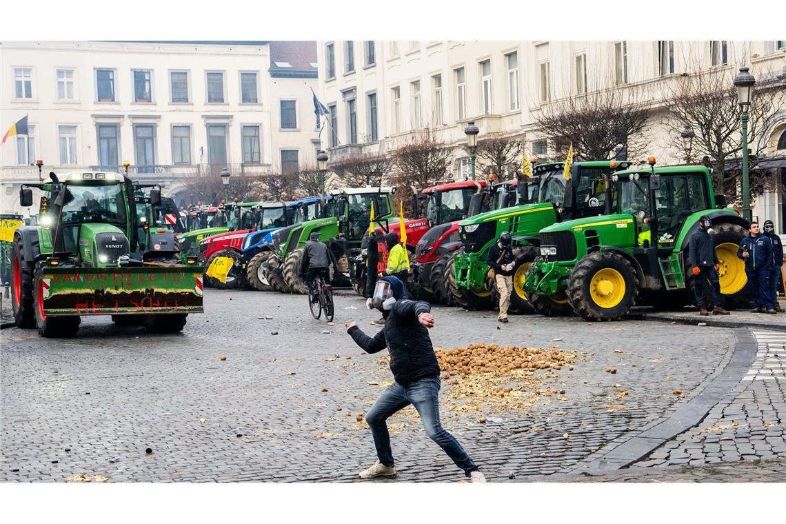 Ein Demonstrant wirft eine Kartoffel Richtung Europaparlament.