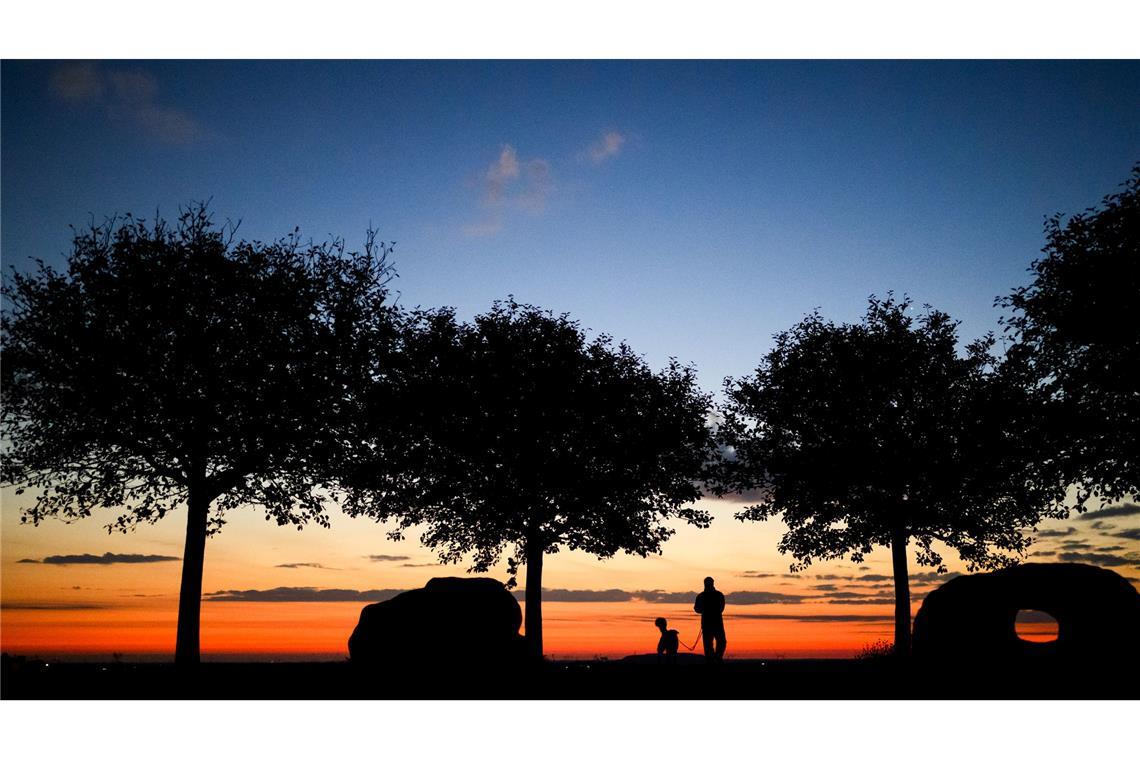 Bilder des Tages Ein Mann spaziert am frühen Morgen kurz vor Sonnenaufgang mit einem Hund über den Kronsberg.