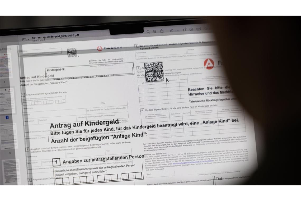 Ein Mensch sitzt vor einem Kindergeld-Antrag an einem Computer. (zu dpa: «Eltern sollen leichter an Kindergeld kommen»)