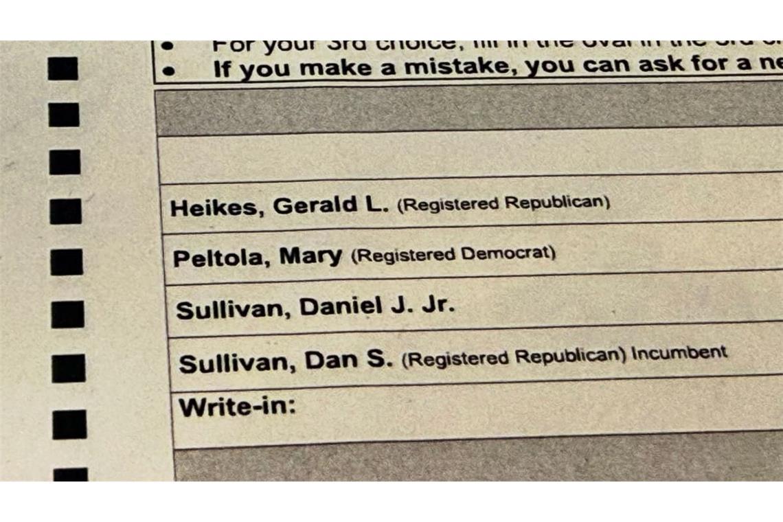 Ein Musterwahlzettel für die Senatswahl in Alaska. Um den Posten konkurrieren zwei Sullivans.