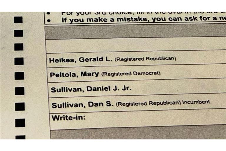 Ein Musterwahlzettel für die Senatswahl in Alaska. Um den Posten konkurrieren zwei Sullivans.