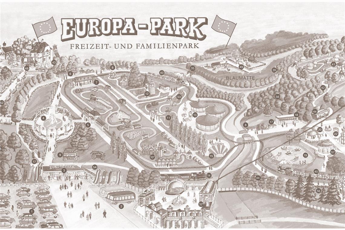 Die Geburtsstunde der Freizeitparks Ein Parkplan aus den Anfangsjahren des Europaparks – inzwischen ist er mit über sechs Millionen Besuchern jährlich der größte Freizeitpark Deutschlands.