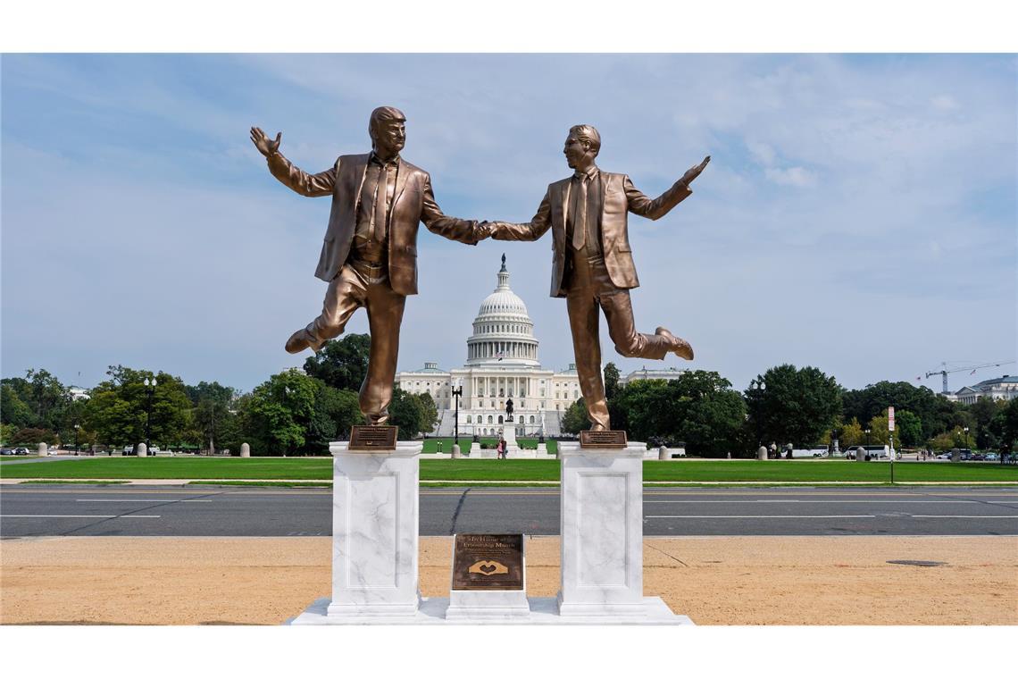 Bilder des Tages Ein Protestkunstwerk auf der National Mall in der Nähe des Kapitols in Washington stellt US-Präsident Donald Trump und Jeffrey Epstein dar.