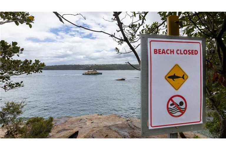 Ein Schild weist einen Strand als geschlossen aus und warnt vor Haien.