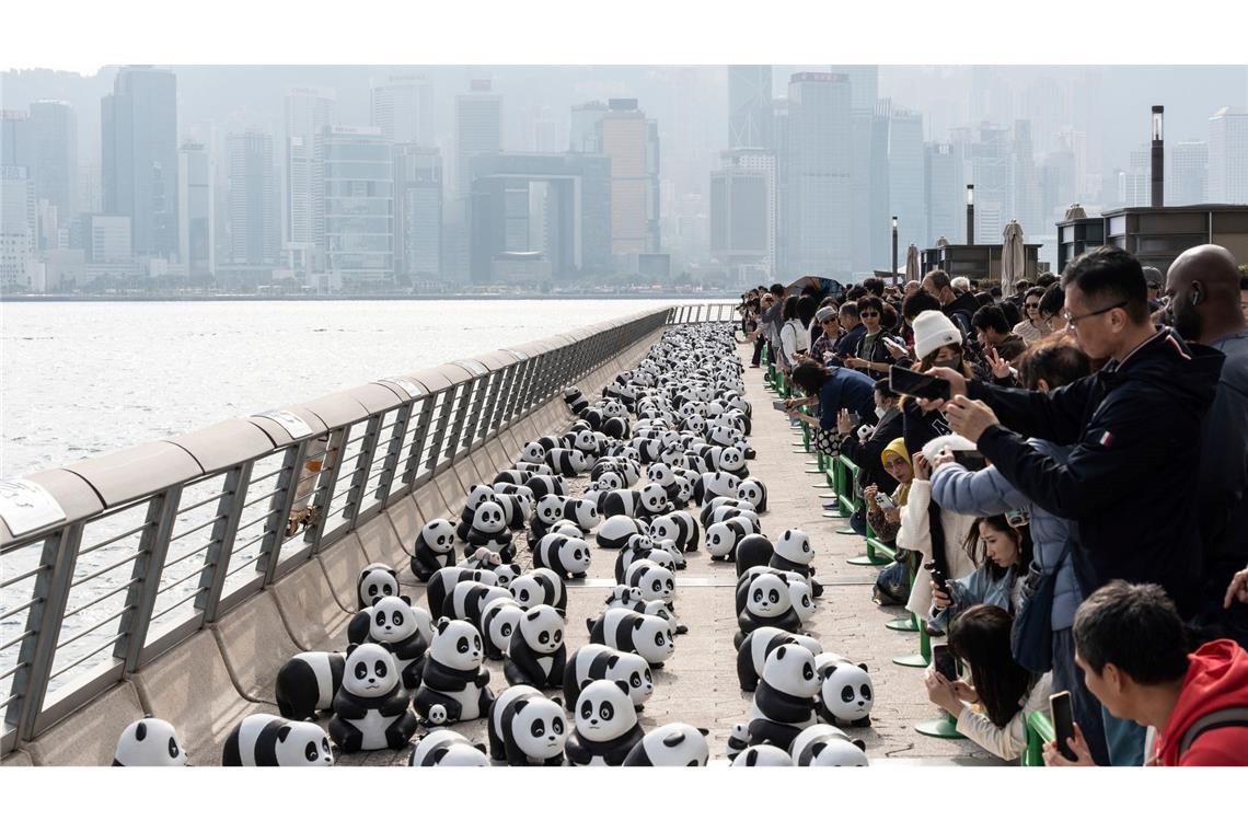 Bilder des Tages Ein Teil der 2.500 Panda-Skulpturen wird am Ufer des Victoria Harbour während der Panda-Ausstellung "Panda Go!" ausgestellt.