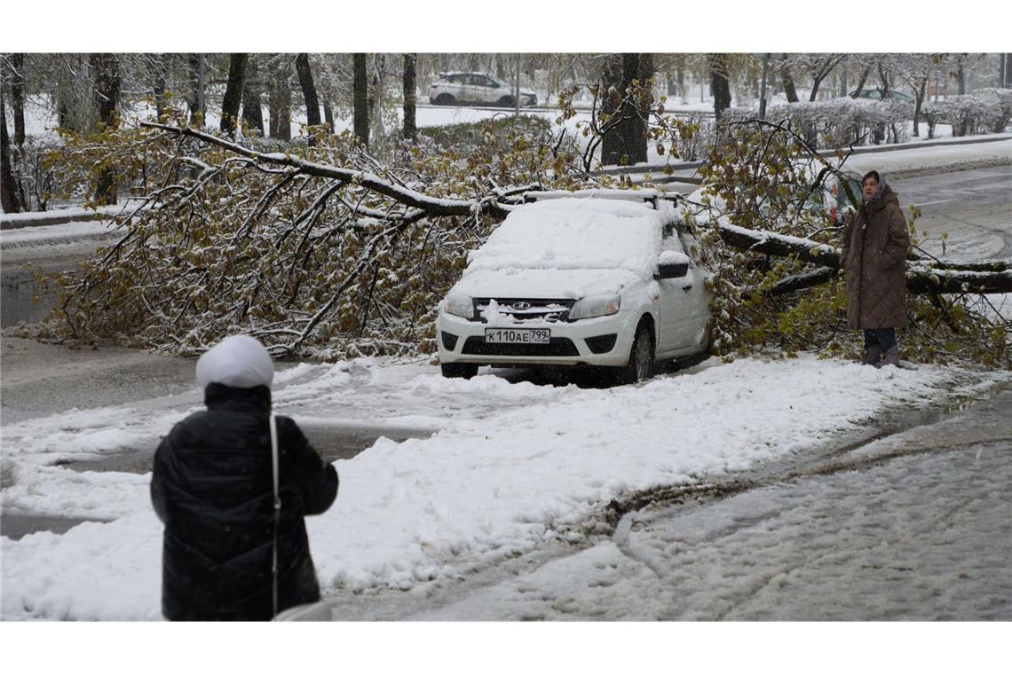 Eine Frau betrachtet ein Auto, das nach einem Schneefall unter einem Baum eingeklemmt ist.