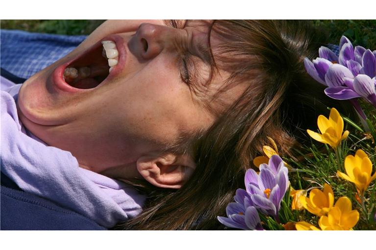 Eine Frau liegt auf einer mit Krokussen bewachsenen Wiese und gähnt. (Archivbild)