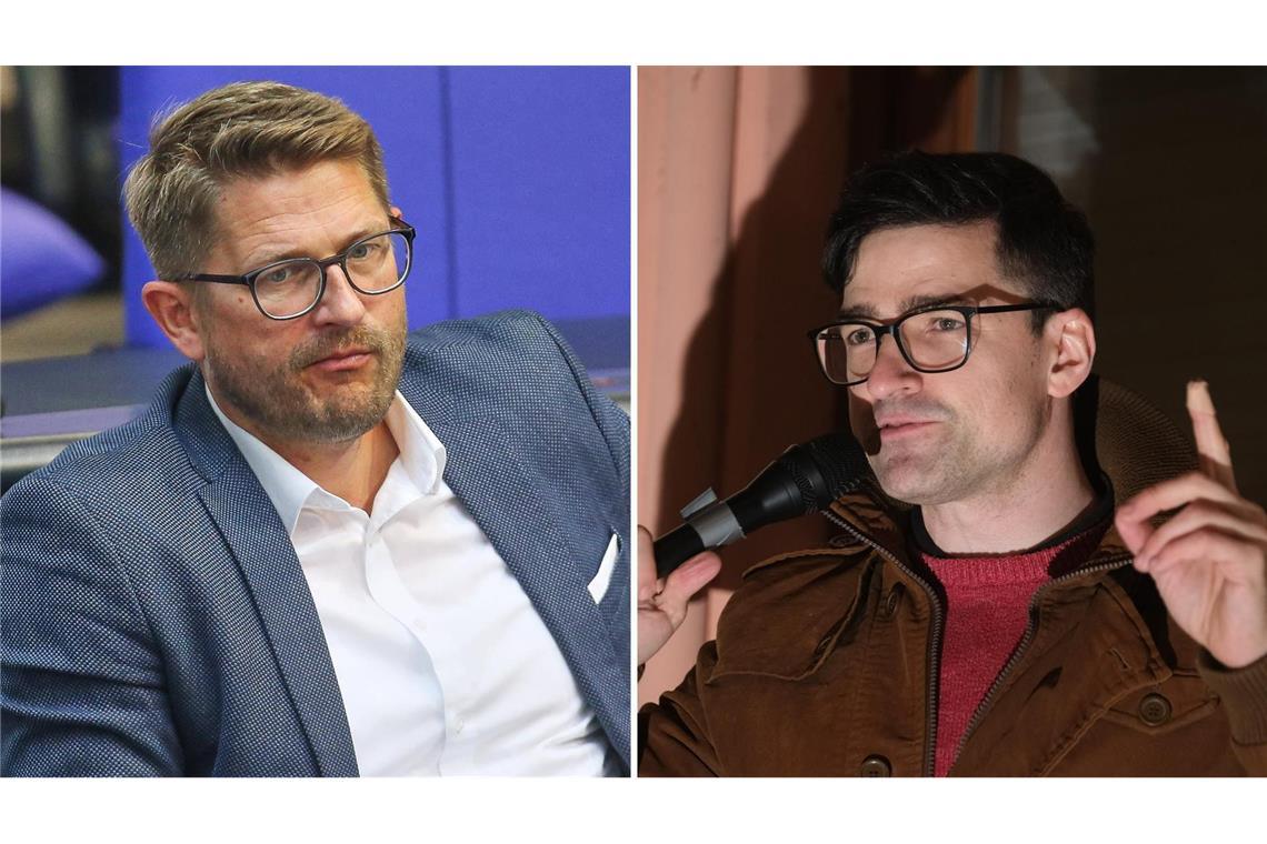 Eine für nächste Woche geplante Veranstaltung mit dem Österreicher Martin Sellner (r.) soll nach dem Willen der AfD-Spitze und des Brandenburger Landeschefs René Springer (l.) wieder abgesagt werden (Archiv).