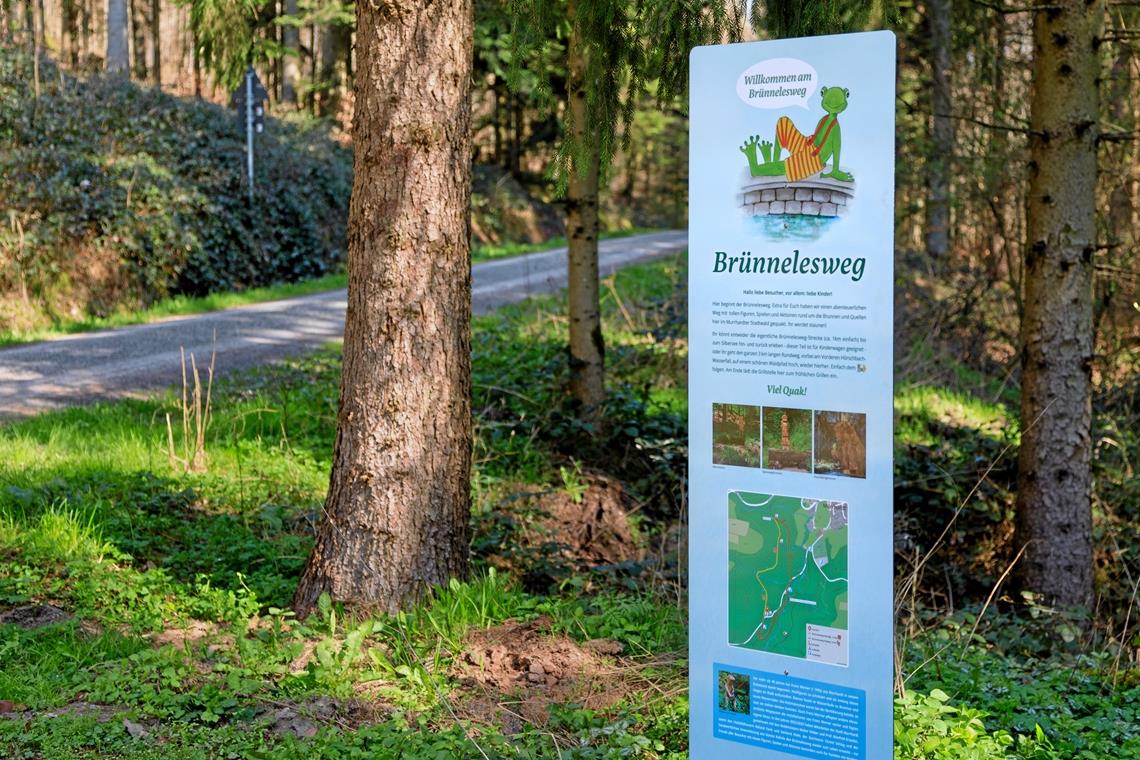 Brünnelesweg zu neuem Leben erweckt Eine Hinweistafel am Startpunkt gibt Auskunft über Entstehungsgeschichte, Verlauf und Angebote. Fotos: Stefan Bossow