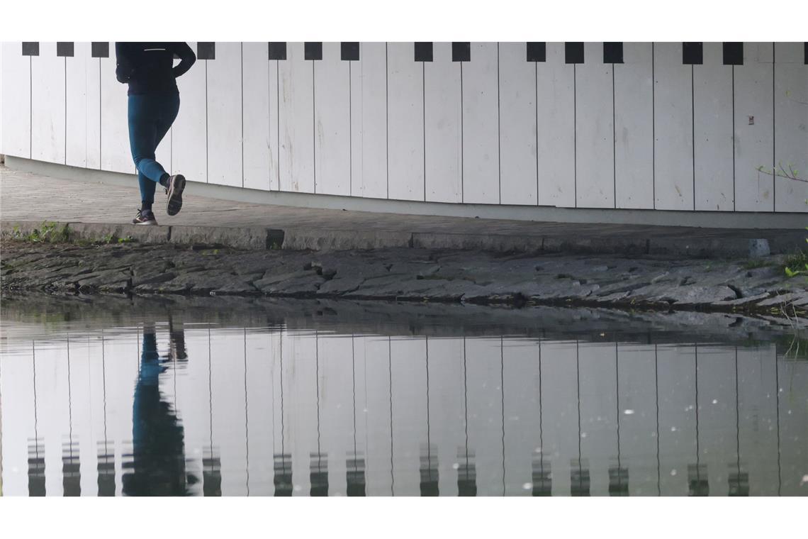 Bilder des Tages Eine Joggerin läuft unter einer Brücke an der Donau entlang