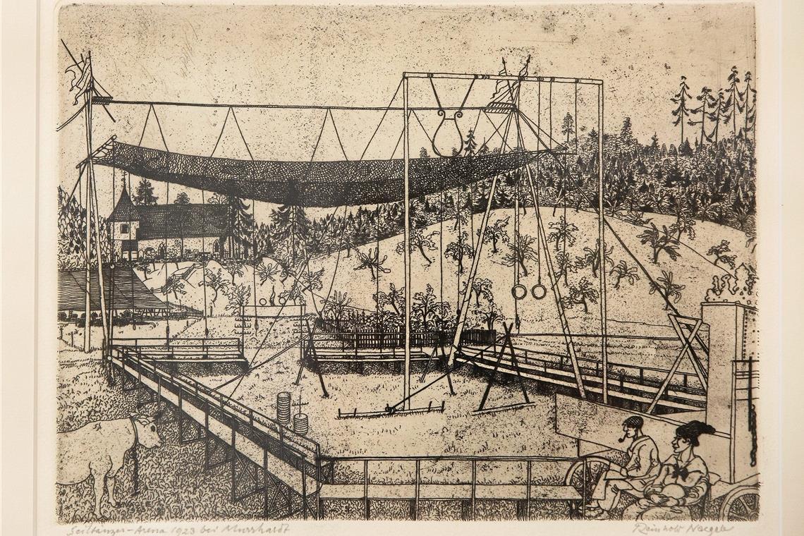 Neuer Schatz an Nägele-Radierungen Eine Reihe von Reinhold Nägeles Radierungen waren in der städtischen Kunstsammlung schon zu sehen, so wie diese „Seiltänzer-Arena“, Murrhardt. Nun soll der Schatz weiterer grafischer Werke gehoben und in einem Kunstband vorgestellt werden. Archivfoto: Jörg Fiedler