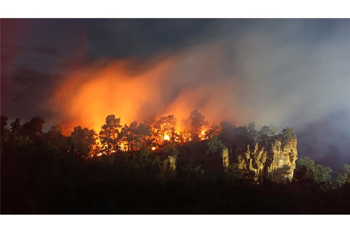 Bilder des Tages Eine Waldfläche am Lehof in Quedlinburg steht am Abend in Flammen.