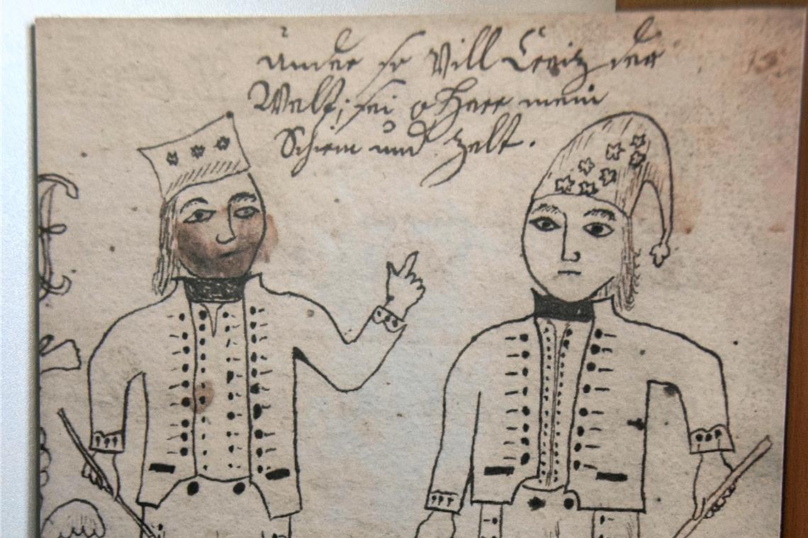Als Napoleon durchs Murrtal zog Eine Zeichnung von Johann Jakob Klenk zeigt zwei französische Soldaten.