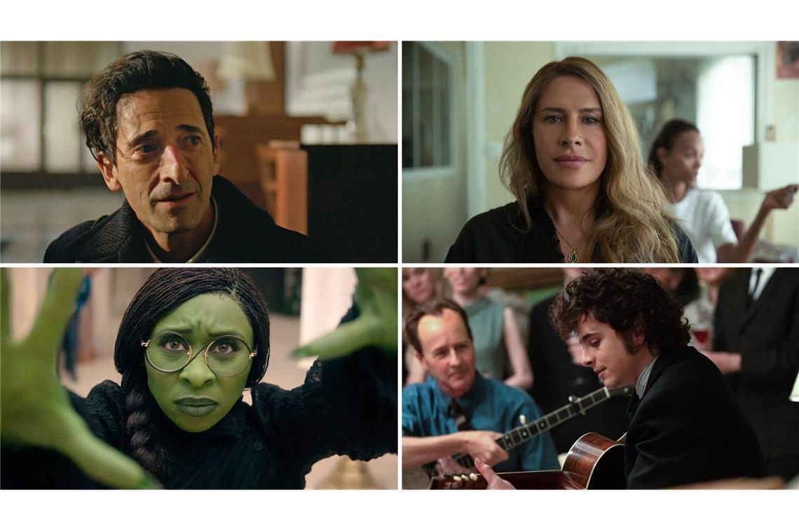 Was Sie über die Oscar-Show wissen müssen Einige Favoriten der Oscar-Nacht: „The Brutalist“, „Emilia Pérez“, „Like A Complete Unknown“, „Wicked“ (von links oben im Uhrzeigersinn)