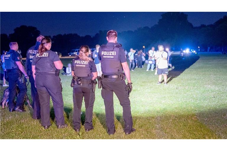 Einsatzkräfte der Polizei und Jugendliche stehen sich im Hamburger Stadtpark gegenüber.
