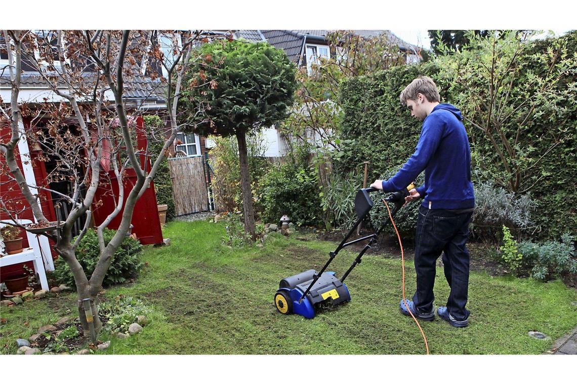 Elektrisches Vertikutiergerät für gepflegten Rasen.