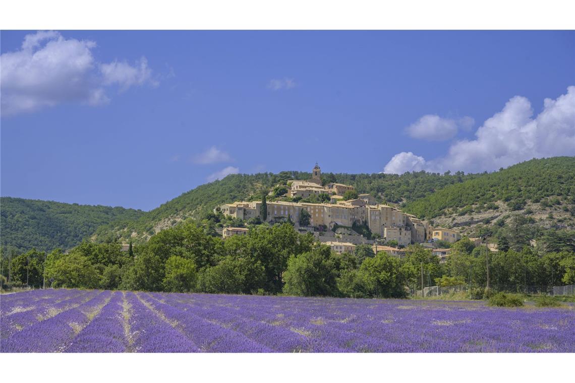 Wie entsteht ein Déjà-vu? Erinnern Sie sich an diesen Geruch? Lavendelfeld und dahinter der Ort Banon, Alpes-de-Haute-Provence