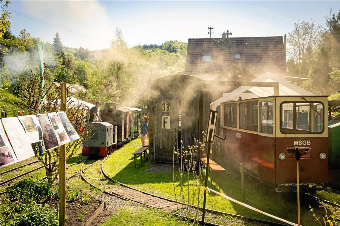 40 Jahre Bahnromantik im eigenen Garten Es dampft und tuckert im Garten von Manfred Schaible. Die MSGB ist bereit zur Abfahrt. Fotos: Alexander Becher