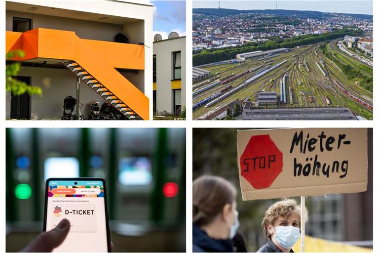 Es stehen viele Themen an (von links oben im Uhrzeigersinn): Die Unterbringung Geflüchteter ist eine Herausforderung. Die Gleisflächen am Hauptbahnhof können derzeit nicht umgenutzt werden. Die Mietpreisbremse läuft Ende 2025 aus. Wie geht es mit dem Deutschlandticket weiter? Es stehen viele Themen an (von links oben im Uhrzeigersinn): Die Unterbringung Geflüchteter ist eine Herausforderung. Die Gleisflächen am Hauptbahnhof können derzeit nicht umgenutzt werden. Die Mietpreisbremse läuft Ende 2025 aus. Wie geht es mit dem Deutschlandticket weiter?