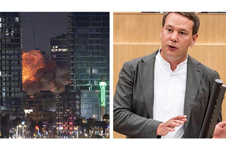 Explosion nach Einschlag einer iranischen Rakete in Tel Aviv; der Grünen-Politiker Oliver Hildenbrand erlebte diese Nacht in Schutzräumen in der Metropole.