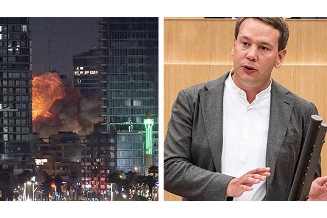 Explosion nach Einschlag einer iranischen Rakete in Tel Aviv; der Grünen-Politiker Oliver Hildenbrand erlebte diese Nacht in Schutzräumen in der Metropole.