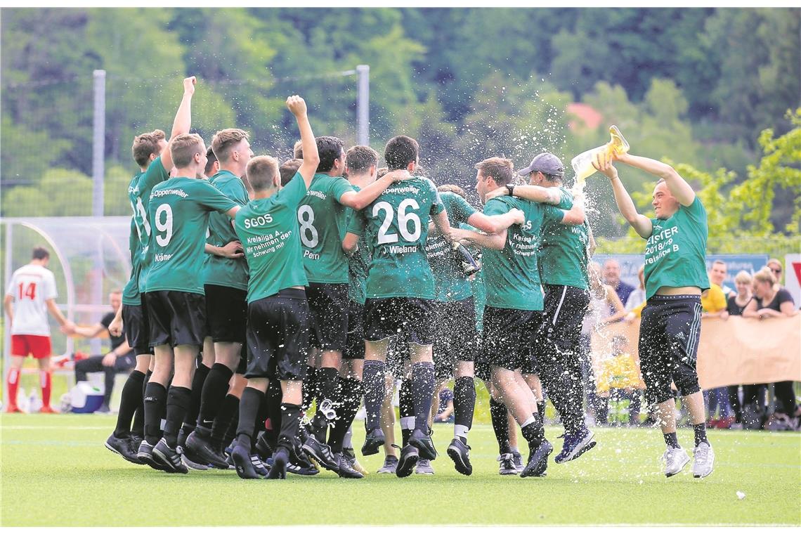 Feierte nach dem Kantersieg in Spiegelberg die Meisterschaft und den Aufstieg in die Kreisliga A: Die SG Oppenweiler/Strümpfelbach.Foto: A. Becher