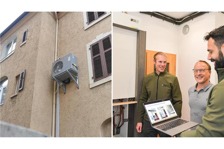 Frank Wälde (in der Mitte des rechten Fotos) testet in seiner Wohnung in Stuttgart derzeit die Etagen-Wärmepumpe von Frederik Janzen (links) und Georg Barbunopulos.