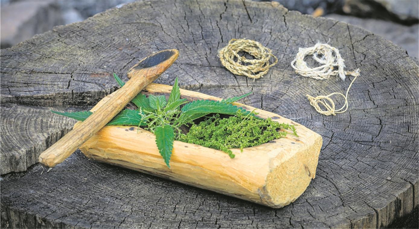 Kleine Abenteuer im Schwäbischen Wald Gaben der Natur: Brennnesselblätter und -samen im Holzgefäß mit Löffel, mitgebracht hat Astrid Szelest Schnüre aus Brennnessel- und Weidenröschenfasern sowie eine Hirschsehne (von links).