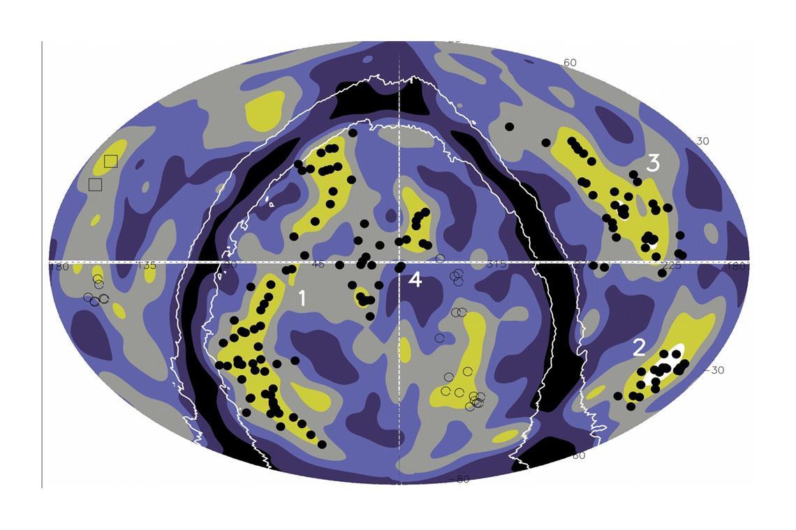 Forscher entdecken größte Superstruktur im nahen Kosmos Galaxien (flächige Farben) und Galaxienhaufen (schwarze Punkte) in einer Entfernung von 416 bis 826 Millionen Lichtjahren. Bekannt sind 5 Superstrukturen: 1 Quipu, 2 Shapley, 3 Serpens-Corona Borealis und Herkules (übereinander), 4 Sculptor-Pegasus.