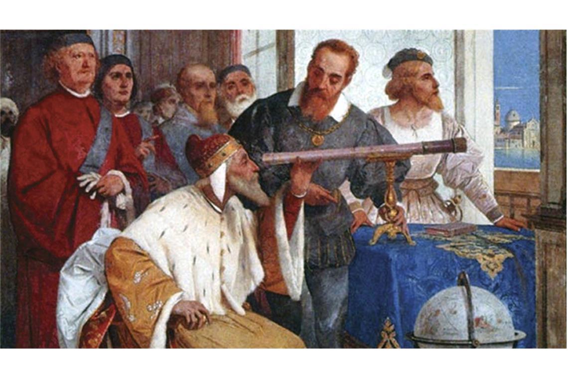 Warum Simon Marius der ewige Zweite hinter Galileo Galilei war Galileo Galilei (Zweiter von re.) zeigt dem Dogen von Venedig(Bildmitte am Teleskop) sein Teleskop (Fresco von Giuseppe Bertini).