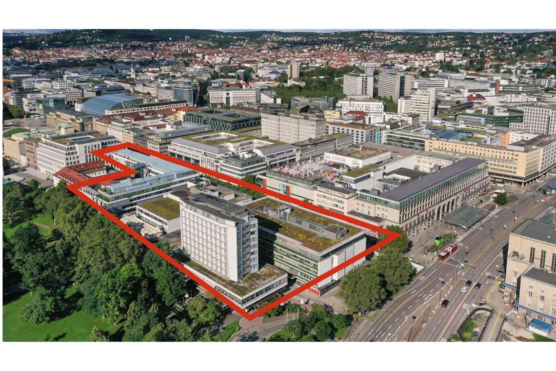 Langlebig und ressourcensparend – diese Stuttgarter Architektur schont die Umwelt Gegenüber des Stuttgarter Hauptbahnhofes in der Königstraße soll das komplette Schlossgartenquartier revitalisiert werden: im Bildervordergrund das Hotel am Schlossgarten (links) und die Adressen Königstraße 1a und 1b (rechts), im Mittelteil das Gebäude Königstraße 1c zwischen Schlossgarten und Königstraße, oberhalb davon das Eckgebäude Königstraße 3.