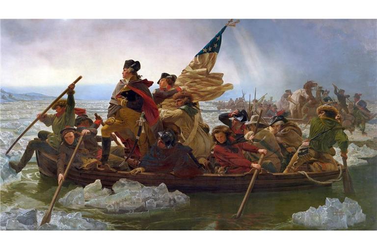 George Washington überquert mit seinen Truppen im Winter 1776 den Delaware River (Gemälde von Emanuel Leutze, 1851).