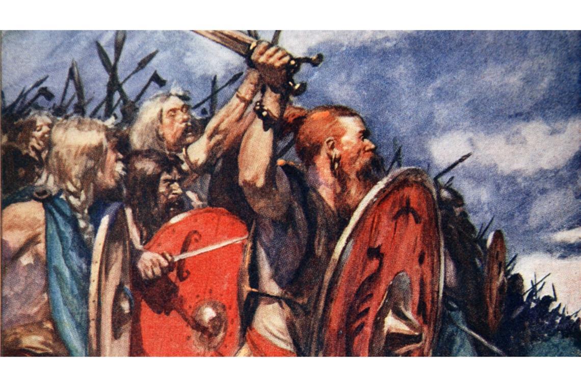 Germanische Stammeskrieger gehen auf die Römer los (Zeichnung von Arthur C. Michael, 1913).