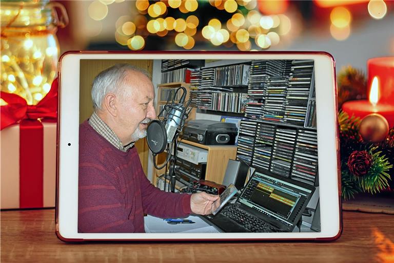 Gregor Steer bei der Arbeit: Die Aufnahme aus seinem Studio, in dem die Produktionen der „Schwabenwelle“ entstehen, hat er uns zukommen lassen. Für die Feiertage hat er drei Sendungen als Päckchen geschnürt. Fotos: privat, Adobe Stock/AdriaVidal, S. Horn