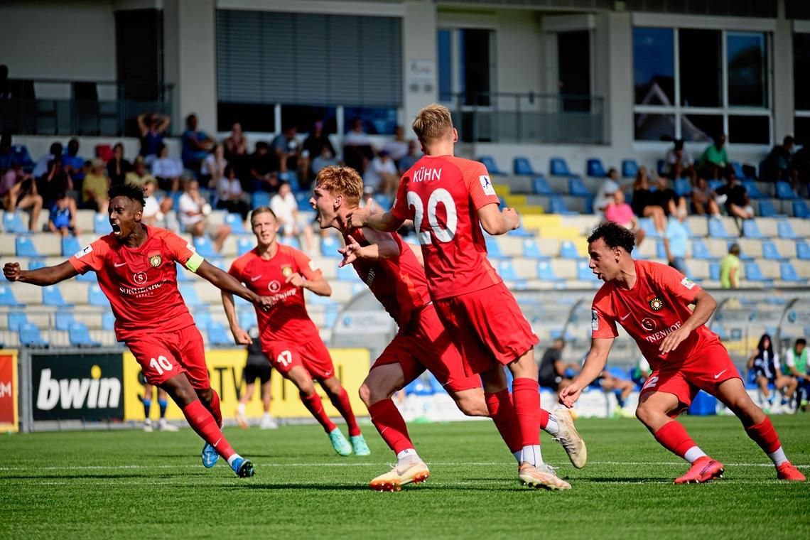 Spätes Ausgleichstor ist mehr als verdient Großaspachs David Hummel (Mitte) bejubelt mit seinem Mannschaftskameraden den späten Ausgleichstreffer im Spiel bei der TSG Hoffenheim II. Foto: M. Mummert