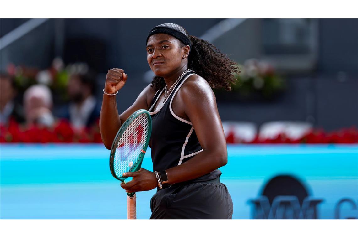 Hailey Baptiste feiert einen Siegpunkt gegen Aryna Sabalenka.