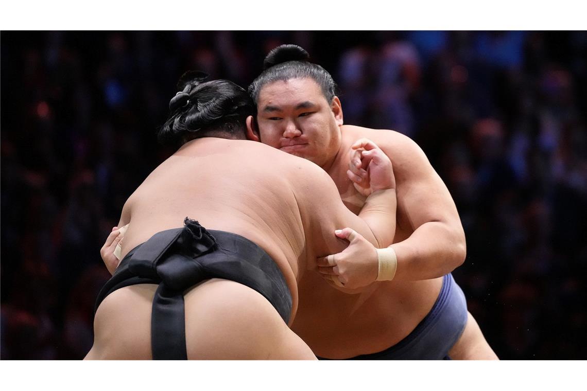 Hakuoho (l) und Hoshoryu in Aktion während ihres Kampfes beim Großen Sumo Turnier in der Royal Albert Hall in London.