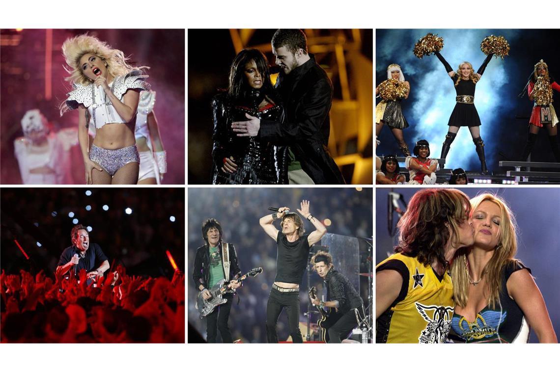 Das sind die 10 besten Halbzeitshows des Super Bowl Hall of Fame der Halbzeitshows (von links oben im Uhrzeigersinn): Lady Gaga, Janet Jackson und Justin Timberlake, Madonna, Britney Spears und Steven Tyler, die Rolling Stones, Bruce Springsteen