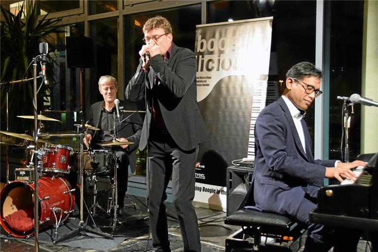 Harmonieren miteinander, aber inspirieren sich auch gegenseitig (von links): David Herzel am Schlagzeug, Bertram Becher mit der Mundharmonika und Eeco Rijken Rapp am Klavier. Foto: Elisabeth Klaper
