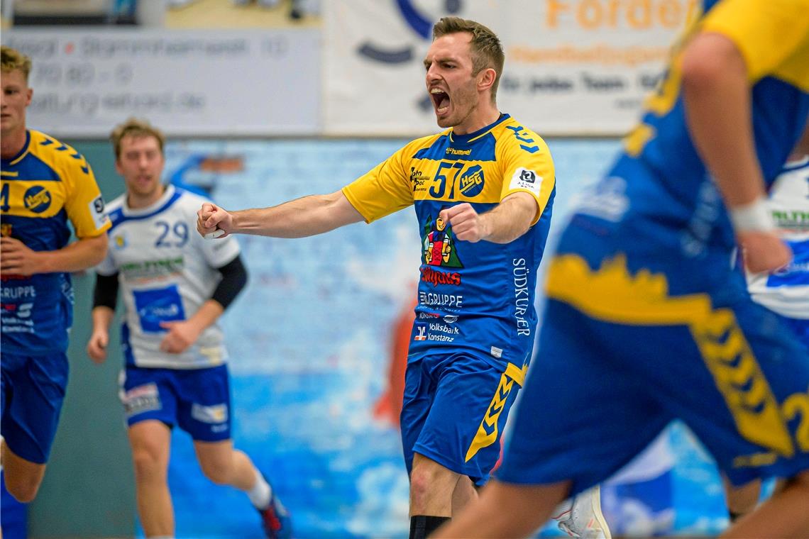 HC Oppenweiler/Backnang trifft auf den Spitzenreiter Hat diese Saison bisher ständig Grund zum Jubeln: Lukas Köder. Der ehemalige HCOB-Spieler führt mit der HSG Konstanz die Südstaffel der Dritten Liga souverän an und ist auf dem allerbesten Weg, sich mit dem Ex-Zweitligisten für die Aufstiegsrunde zu qualifizieren. Foto: Imago