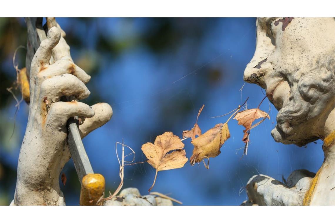 Herbstlich gefärbtes Laub hängt in Spinnenweben an einer Skulptur des heiligen Nepomuk bei Riedlingen-Zell.