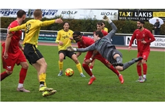 Hochbetrieb im Strafraum des SSV Schwäbisch Hall – aber die Kicker des SV Leonberg/Eltingen (in Gelb) konnten Schlussmann Cedric Moser nur einmal bezwingen.