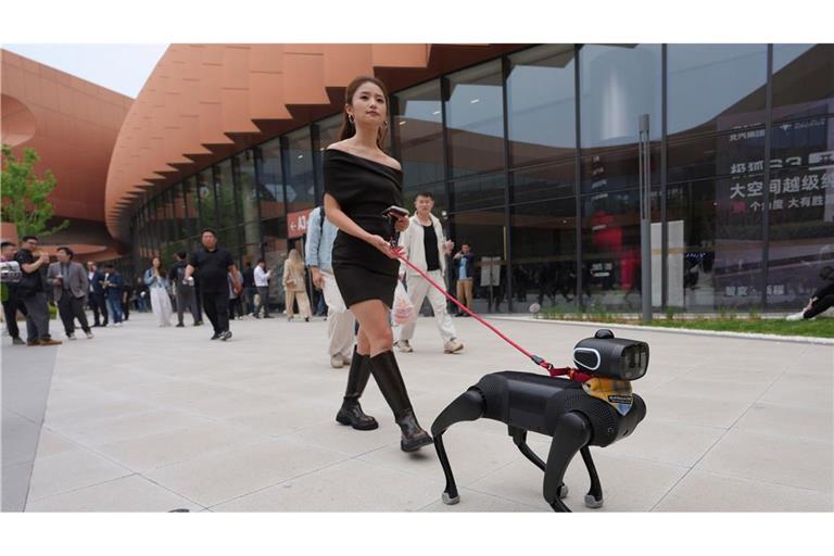 Hundesteuer gespart: Eine Frau geht mit einem Roboterhund während der Messe Auto China 2026 in Peking spazieren.