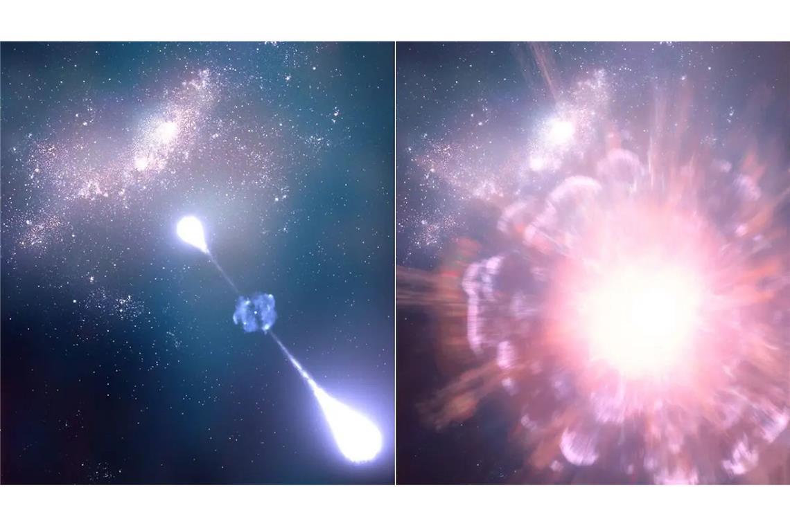 Illustration der Supernova GRB 250314A während ihrer Explosion und drei Monate später, als „James Webb“ sie beobachtete.