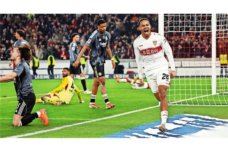 Im Hinspiel sorgt VfB-Mittelfeldspieler Nikolas Nartey (re.) mit seinem späten Treffer für den 3:2-Sieg über Eintracht Frankfurt.