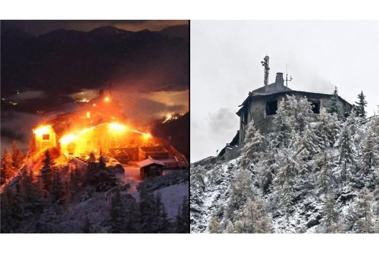 Im Kehlsteinhaus, auf dem 1835 Meter hohen, verschneiten Kehlstein oberhalb von Berchtesgaden, ist ein Großbrand ausgebrochen. Am Samstagmorgen wird noch gelöscht, das Ausmaß wird nur zum Teil sichtbar.