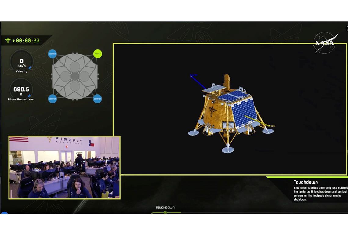 Mondlander setzt erfolgreich auf - zehn Instrumente an Bord Im Livestream der US-Raumfahrtbehörde Nasa konnte man die Landung live mitverfolgen.