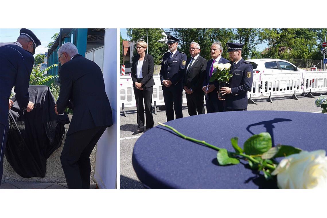 Stele erinnert an den Tod eines Motorradpolizisten In Degerloch erinnert nun eine Stele an den verunglückten Polizeihauptkommissar Thomas Hohn. Auch OB Nopper und Innenminister Strobl waren vor Ort.