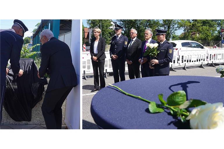 In Degerloch erinnert nun eine Stele an den verunglückten Polizeihauptkommissar Thomas Hohn. Auch OB Nopper und Innenminister Strobl waren vor Ort.